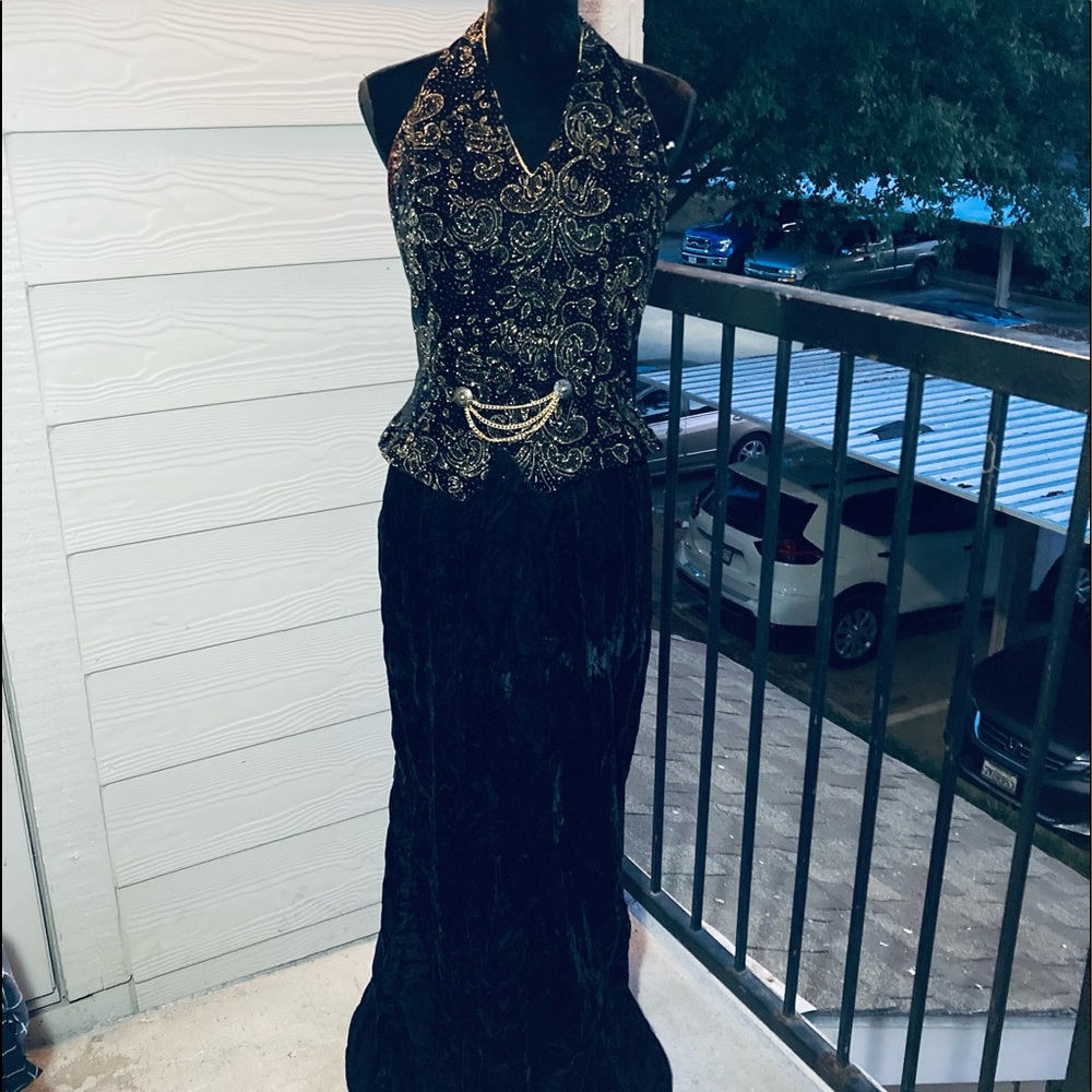 Halter top velvet formal black & gold sequins